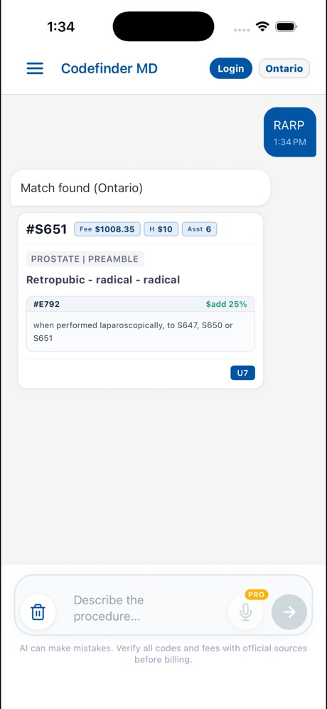 CodeFinder MD showing a billing code lookup for a surgical procedure